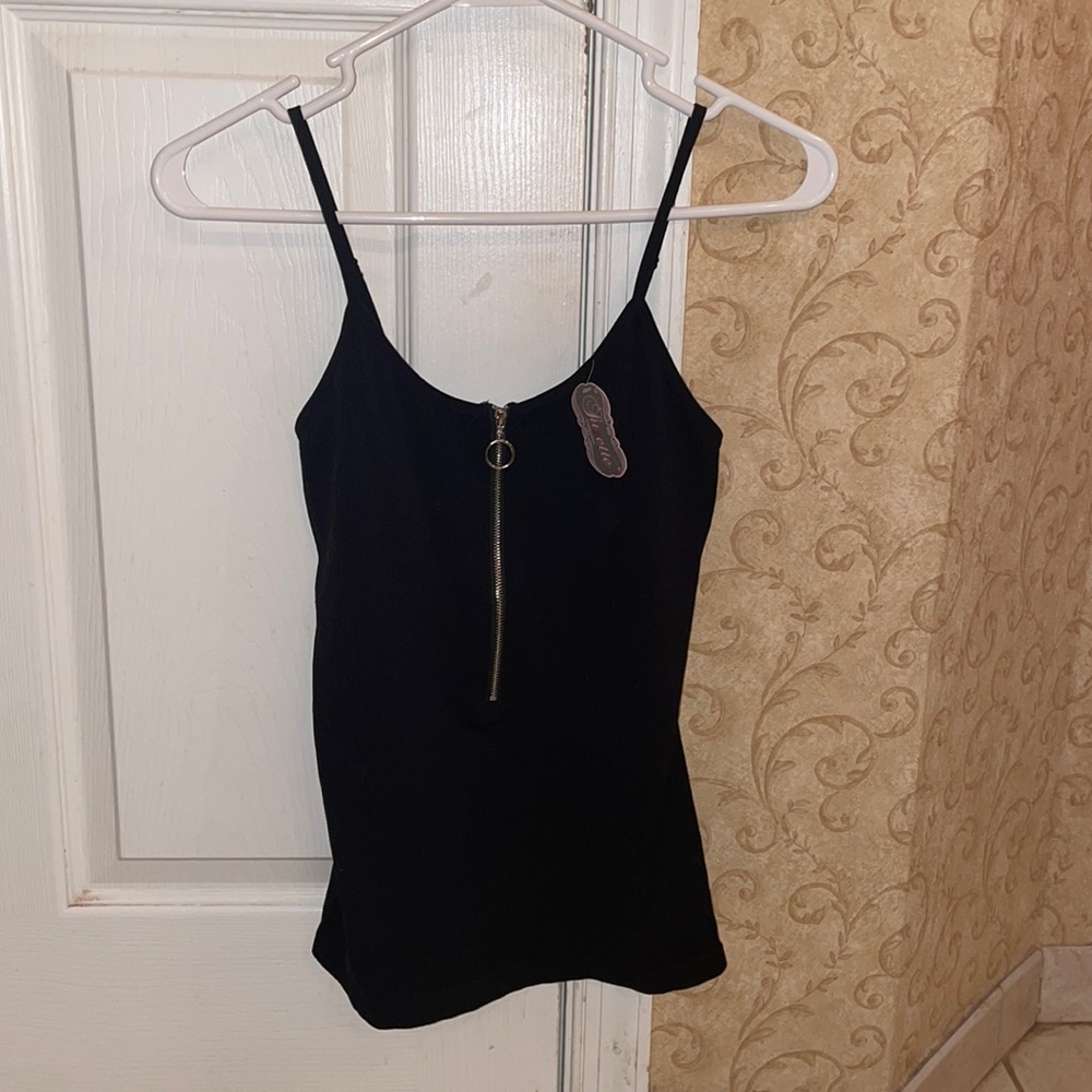 Black spaghetti strap with zipper in front
